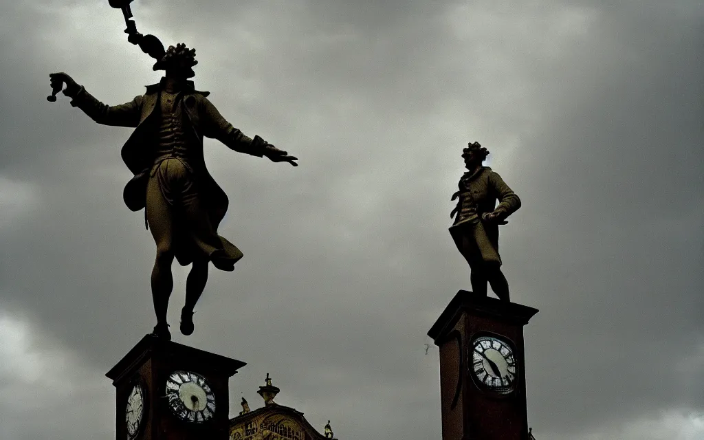 Prompt: a statue of a man standing on top of a clock, a flemish baroque by henry macbeth - raeburn, flickr, rococo, rococo, flemish baroque, sabattier filter