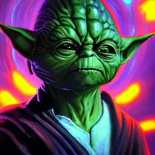 Prompt: portrait of angry eye yoda as a dark sith, overwhelming energy, detailed background by m. w. kaluta + bruce pennington, dark side, neon color, volumetric lighting, colorful vapor, deep dark color, floating molecules, digital painting, oil painting, artwork by ralph mcquarrie + cory loftis + andreas rocha + paul lehr + ian mcque + eddie mendoza