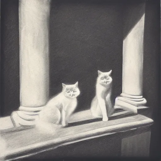 Image similar to filmic noisy bipedal paris web balinese cat zinc pilaster pediment, by kati horna and juan gimenez and edward hopper, art on instagram, charcoal drawing, polaroid photo