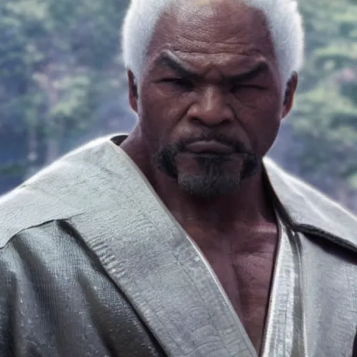 Image similar to a film still of a black man starring in a japanese blockbuster film as heihachi from tekken, shallow depth of field, cinematic, award winning cgi, vfx, film still