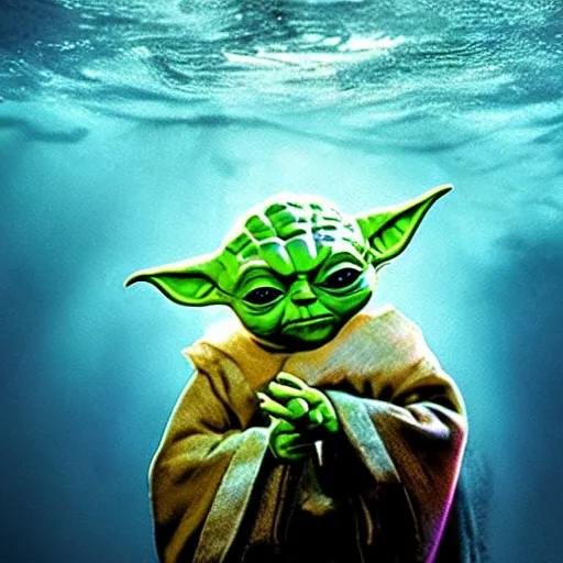 Image similar to stunning awe inspiring yoda swimming under water, 8 k hdr under water photo, amazing lighting