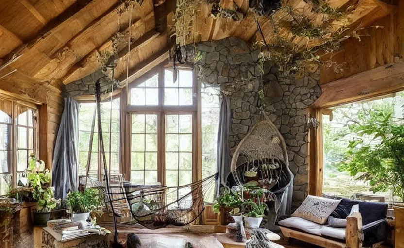 Prompt: cottage living room interior with a hammock and a witch cauldron, sunny, natural materials, rustic wood, window sill with plants, vines on the walls, dried herbs under the ceiling bookshelves, design