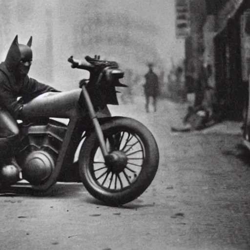 Image similar to old black and white photo, 1 9 1 3, depicting batman on a motorcycle from dark knight racing through the bustling streets of new york city, rule of thirds, three - point perspective, historical record