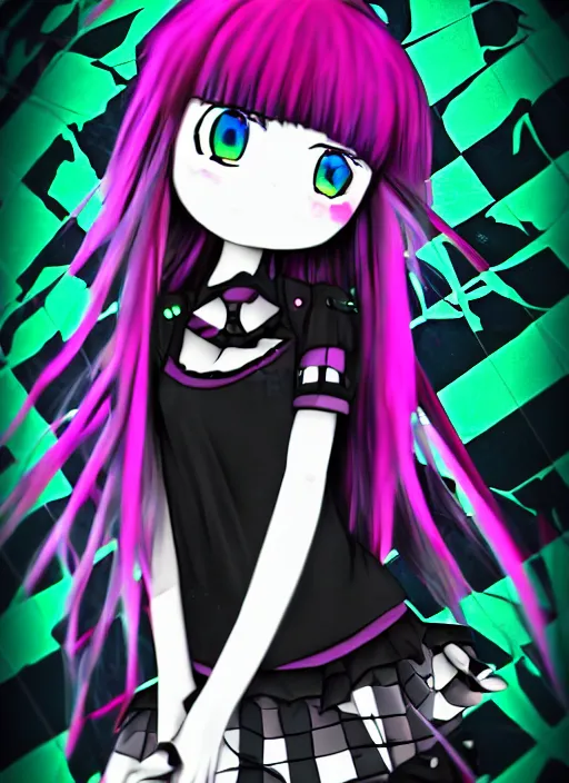 Image similar to emo anime girl, scene, rainbowcore, vhs monster high, glitchcore witchcore, checkered spiked hair, pixiv