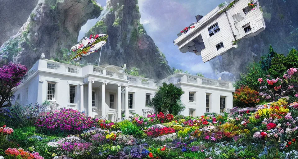 Prompt: small white house in canyon filled with flowers, space ship flying by, photorealistic, artstation, detailed