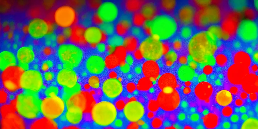 Image similar to hundreds of tiny bubbles floating in a dark room and a single lamp illuminating the darkness from the corner, vivid colours, soft bokeh, LSD, stylish,