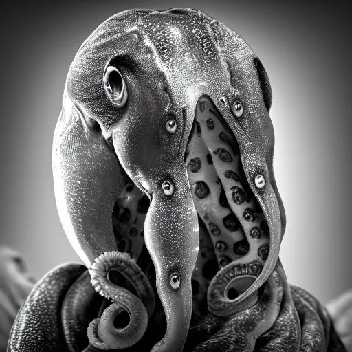 Image similar to dramatic full close - up portrait of a sad human! ( cephalopod ) hybrid, detailed, dimly light room, volumetric lighting,