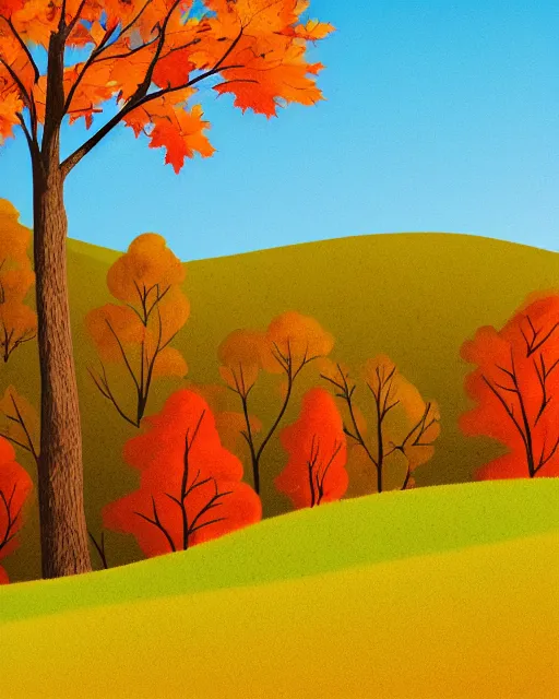 Image similar to autumn hillside boy hiking illustration fine texture, dynamic composition, detailed, matte print, dynamic perspective