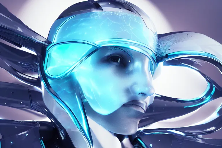 Image similar to futuristic fluid aquamarine cyber helmet visor, intricate, glowing, eyecandy, colorful, 3 d, octane render, photorealistic, modern, warp,