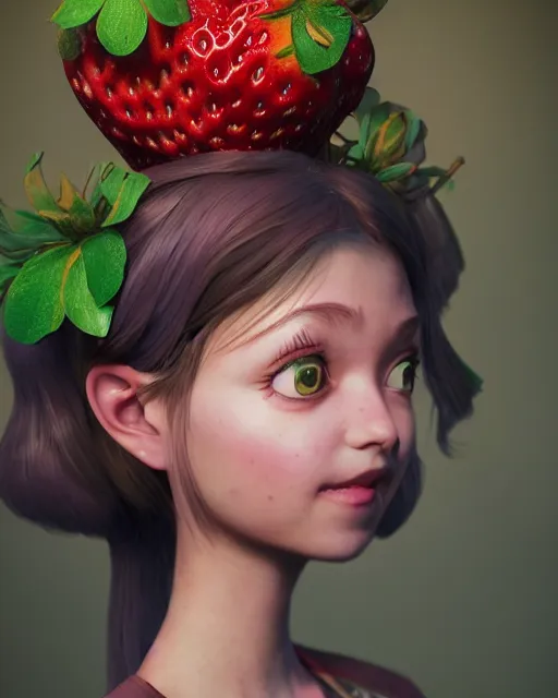 Prompt: An epic fantasy comic book style portrait painting of a very beautiful strawberry girl, character design by Mark Ryden and Pixar and Hayao Miyazaki, unreal 5, DAZ, hyperrealistic, octane render, cosplay, RPG portrait, dynamic lighting, intricate detail, summer vibrancy, cinematic