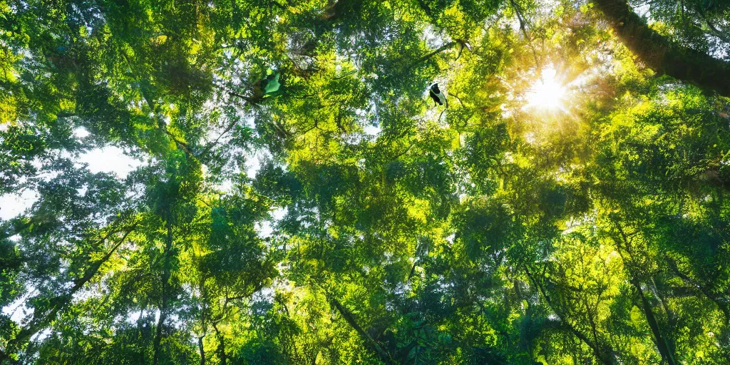 Image similar to view of sunlit rainforest treetops with flying birds, photograph, 4 k