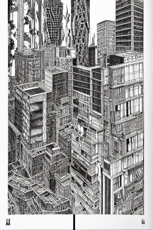 Prompt: a black and white drawing of a building, cityscape, a detailed mixed media collage by hiroki tsukuda and eduardo paolozzi and moebius, intricate linework, sketchbook psychedelic doodle comic drawing, geometric, street art, polycount, deconstructivism, matte drawing, academic art, constructivism