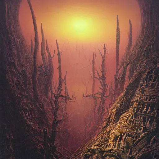 Image similar to an incredibly beautiful but ominous matte painting depicting horrifying huge burning eyes and jagged bloody teeth and thorns, overgrowing a desolate ruins submerged in fog beneath the setting sun by lisa frank and beksinski and wayne barlowe, exquisite detail, post processing, masterpiece, cinematic, sharp focus, deep colors