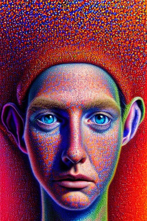 Image similar to hyperrealistic close-up pointillism psychedelic elf in another dimension!! highly detailed concept art eric zener elson peter cinematic hard synthweave lighting high angle hd 8k sharp shallow depth of field, inspired by David Paul Cronenberg and Zdzisław Beksiński