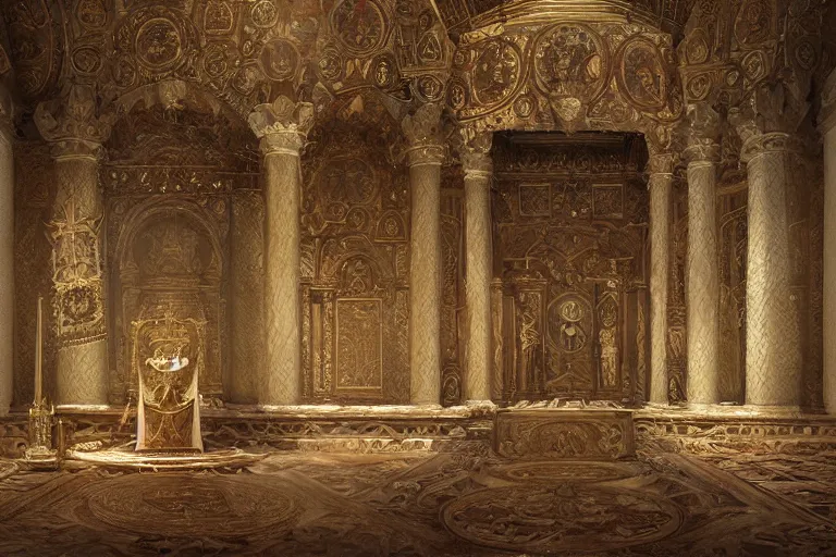 Prompt: byzantine throne room, highly detailed, digital painting, artstation, concept art, sharp focus, illustration, art by artgerm and greg rutkowski