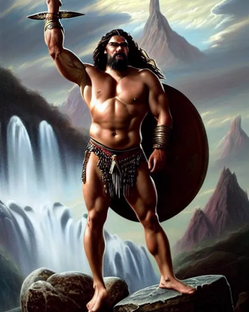 Prompt: beautiful portrait oil painting, jason momoa conan the barbarian thor standing on a rock wearing a crown and royal crimson spartan armor enthroned as the god emperor of ancient rome, muscular!!!, action pose, frank frazetta, boris vallejo, greg rutkowski, beautiful cinematic light, low angle, thomas lawrence, greg rutkowski, high contrast
