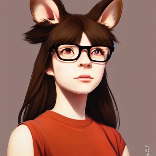 Prompt: character design portrait of an anthropomorphic furry rat girl with rat ears, brown hair, wearing a tee shirt and glasses, looking at the camera, 4 k, concept art, by wlop, ilya kuvshinov, artgerm, krenz cushart, pixiv.