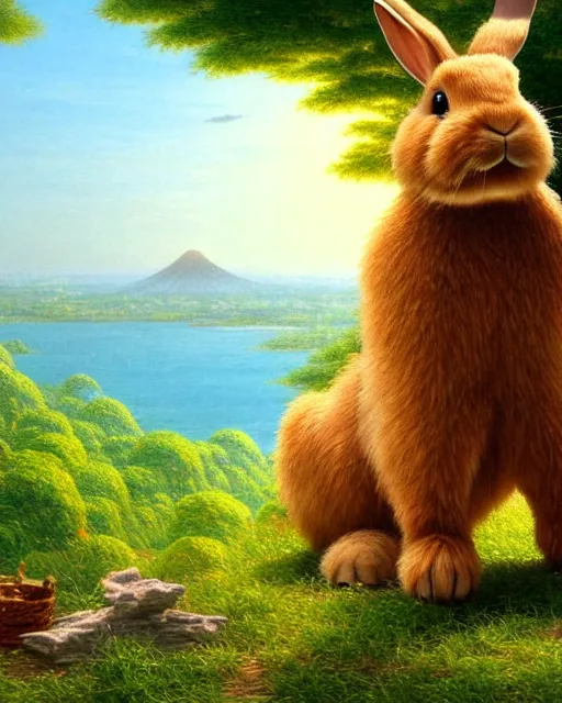 Image similar to a rabbit bear, sitting in tokyo, unique, sunny day, highly detailed, masterpiece, award winning, realistic, art by thomas cole and studio ghibli