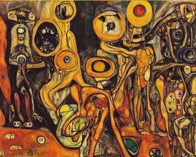 Image similar to a painting of a aliens and robots by graham sutherland, egon schiele, gustav klimt, expressionism