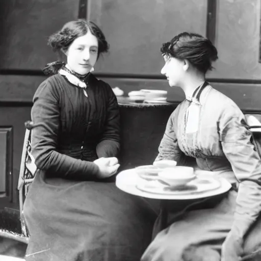 Prompt: a black and white photograph of two young edwardian women sitting in a cafe in paris