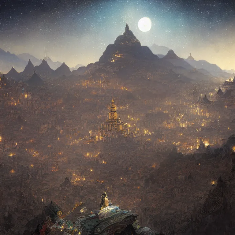 Image similar to a beautiful painting of the view from the river of the domes and towers of the ancient tibetan carved stone city, under the night sky with stars, intricate, elegant, highly detailed, digital painting, artstation, concept art, by krenz cushart and artem demura and alphonse mucha