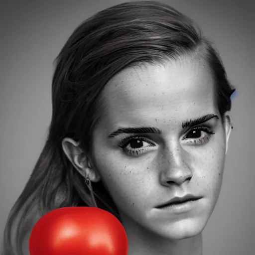 Image similar to emma watson dressed in a tomato, hyperrealistic, photography, 8 k