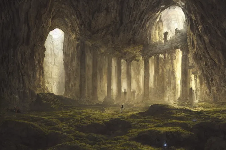 Prompt: a beautiful digital painting of an ancient sanctuary in a large and luminous crystal cave, by lee madgwick or caspar david friedrich or edouard manet, 8 k, cinematic lights, octane render, artstation, fluorescent color scheme