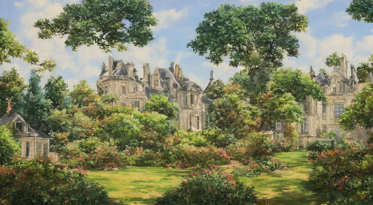 Prompt: a landscape painting of a French manor, with a garden, in the style of anime