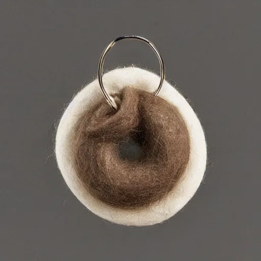 Prompt: a granite earring. It is decorated with alpaca wool and encircled with bands of birch. This object menaces with with spikes of emu leather.