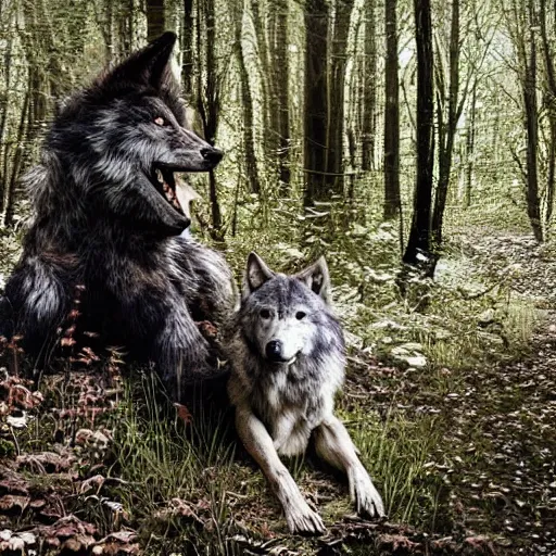 Image similar to werecreature consisting of a human and wolf, photograph captured in a forest