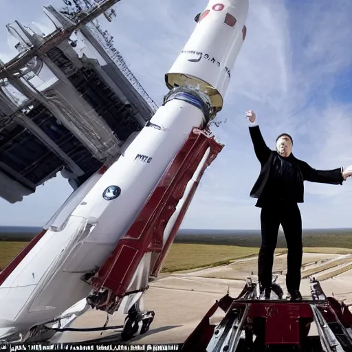 Prompt: Elon Musk holding on to a rocket as it takes off from the launching pad, he is screaming,