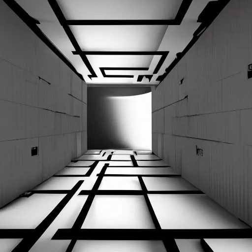 Prompt: inside of blank dark with no light endless cube with white contours. Realistic Concept Art photography