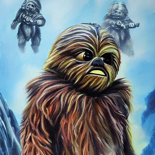 Prompt: a very high detailed painting of teek race ewoks strar wars