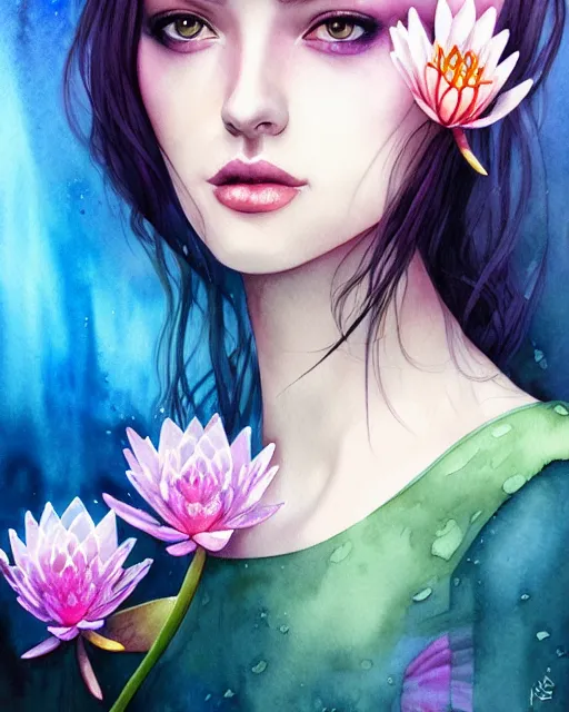 Prompt: watercolor waterlily priestess portrait, artgerm, wlop, petros afshar