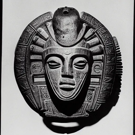Prompt: photo portrait of precolumbian aztec astronaut helmet with fine detail engravings and runes cultist lord rich baron by Diane Arbus and Louis Daguerre