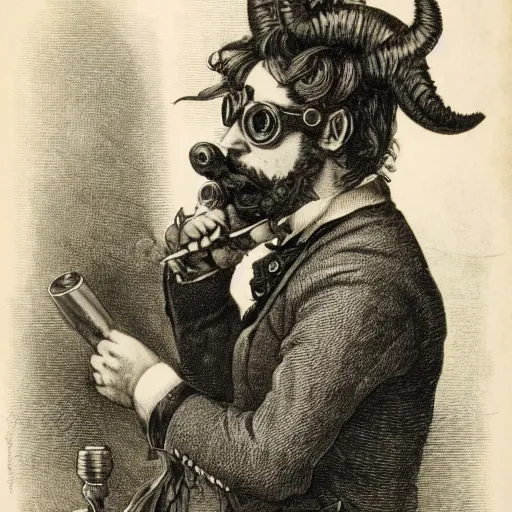 Prompt: steampunk satyr, side profile, three horns, goggles, smoking a cigar, auburn fur, victorian england, slim, sneaky