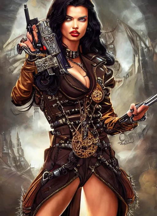 Image similar to front portrait of attractive Adriana Lima as Lady Mechanika holding a shotgun with both hands, Intrincate background with steampunk imagery , D&D!, fantasy style, sharp focus!, ultra detailed, art by Artgerm and Peter Andrew Jones, WLUP