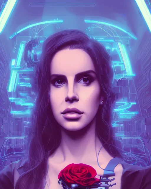 Image similar to portrait of lana del rey as a cyberpunk cyborg. roses, sci - fi, missing panels, intricate abstract, upper body, intricate artwork, by tooth wu, wlop, beeple, dan mumford. concept art, 8 k octane render, deviantart, greg rutkowski, cinematic, key art, hyperrealism, iridescent accents