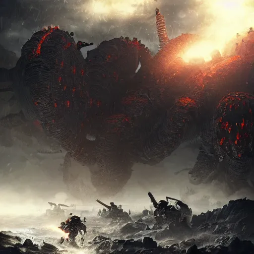 Image similar to a group of space marines battling against an eldritch abomination, high detail, soft light, warhammer, cinematic, high resolution, concept art, dark atmosphere, fog, trending, stunning shot