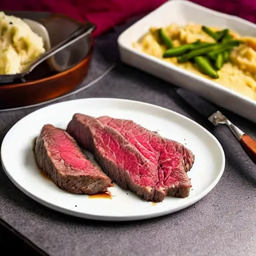 Image similar to a delicious steak, with a side of mashed potatoes, cookbook photo, good composition