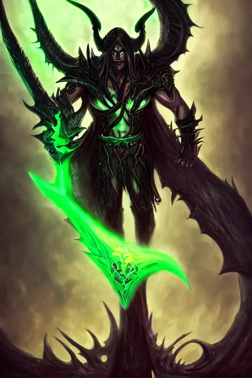 Prompt: illidan the demon hunter with band that cover his eyes with demon wings from world of warcraft with background digital painting trending on artstation