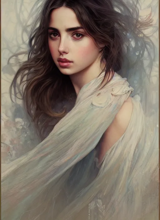 Prompt: beautiful portrait of ana de armas, soft features, by magali villeneuve and greg rutkowski and artgerm and alphonse mucha and jeremy lipkin and rob hay, intricate, elegant, highly detailed, photorealistic, trending on artstation, trending on cgsociety, 8 k, sharp focus