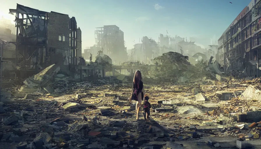 Image similar to back view, destroyed wahsington dc with collapsed buildings and little girl with teddy bear walking in the distance, sunny day, volumetric light, hyperdetailed, artstation, cgsociety, 8 k