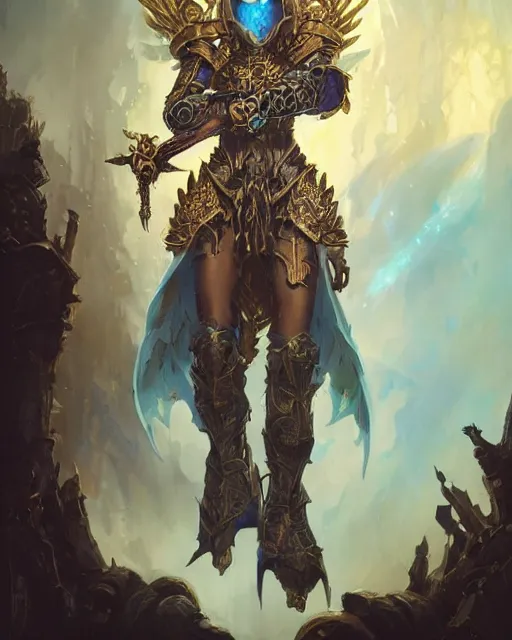 Prompt: Highly detailed Champion paladin in black gold intricate and ornate armor, unreal engine, fantasy art by peter mohrbacher, Greg Rutkowski, tristan eaton, Rhads, radiant halo of light