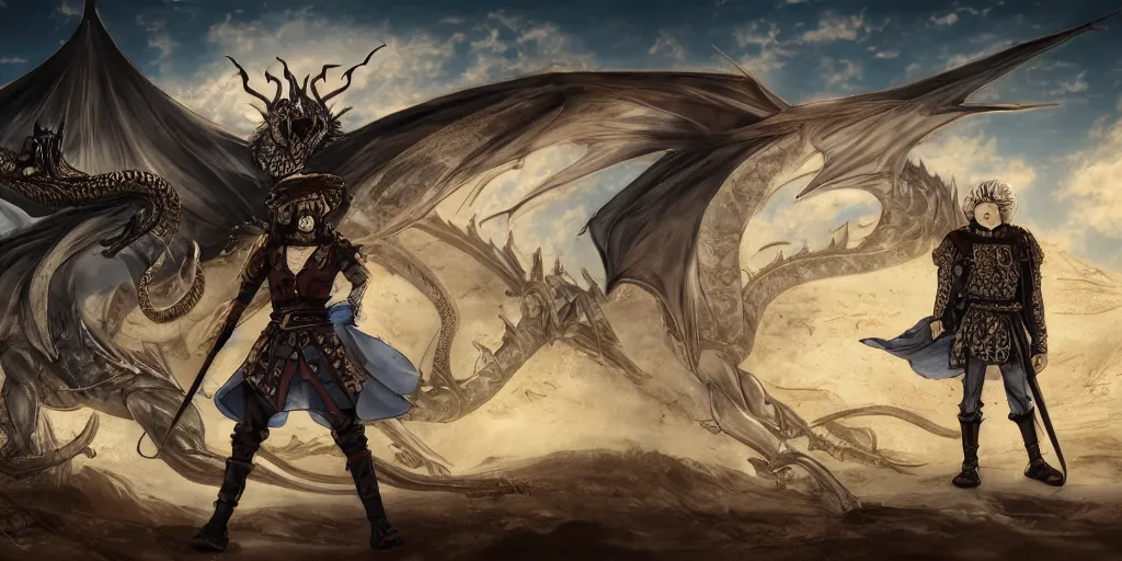 Image similar to sheikh mohammed ruler of dubai, medieval, human, village, berserk anime background, dragon rider, slimey, detailed features, concept art, pop art, illustration, smooth, sharp focus, intricate, 4 k