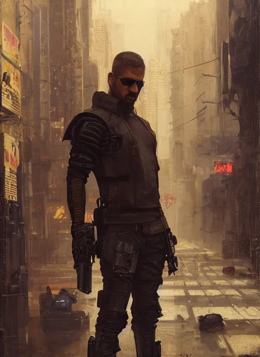 Image similar to cyberpunk jujitsu instructor. cyberpunk mercenary in a military vest ( blade runner 2 0 4 9, cyberpunk 2 0 7 7 ). orientalist portrait by john william waterhouse and james gurney and theodore ralli and nasreddine dinet, oil on canvas. cinematic, hyper realism, realistic proportions, dramatic lighting, high detail 4 k