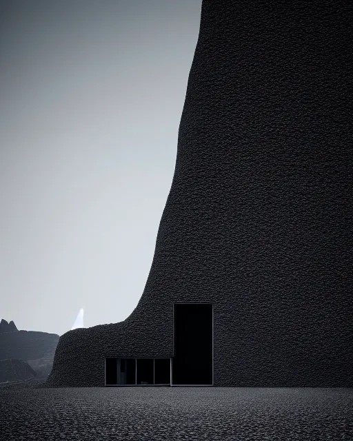 Image similar to tall black geometric house, embedded in lava cliff, full view, black house, molten metal house, minimal, rippled white landscape, dwarven architecture, light from molten iron, octane render, hyper realistic, 8 k, octane render