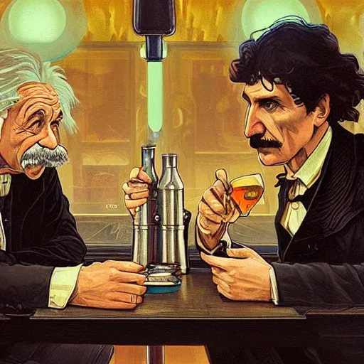 Image similar to Full colour render of albert einstein and nikola tesla drinking convivially in a cosy bierhall. 4K award winning photorealistic concept art. smooth, sharp focus, illustration, cyberpunk, dystopian by artgerm and moebius and alphonse mucha.