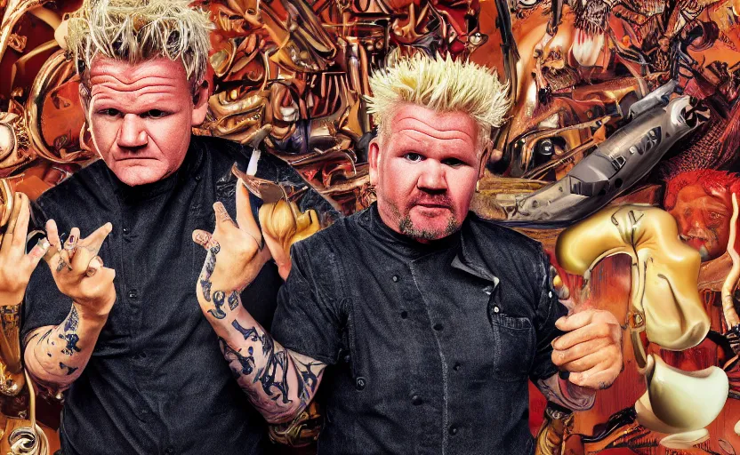 Prompt: surreal detailed photograph of gordon ramsay and guy fieri by artist charlie white, 4 k image, odd, surreal!