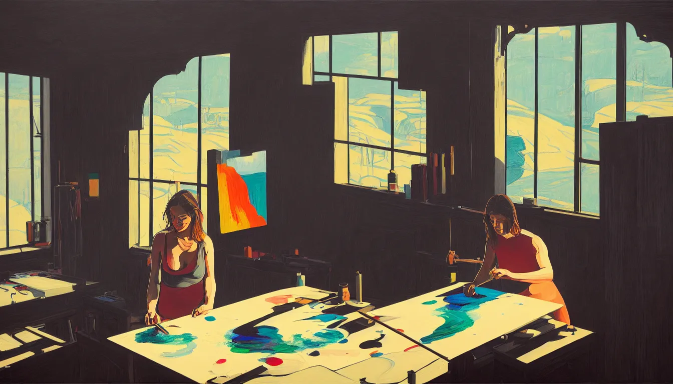 Image similar to female artist painting in her studio by dan mumford and peter doig and edward hopper, symmetrical, minimal, black ink, thick lines highly detailed, muted colours 8 k